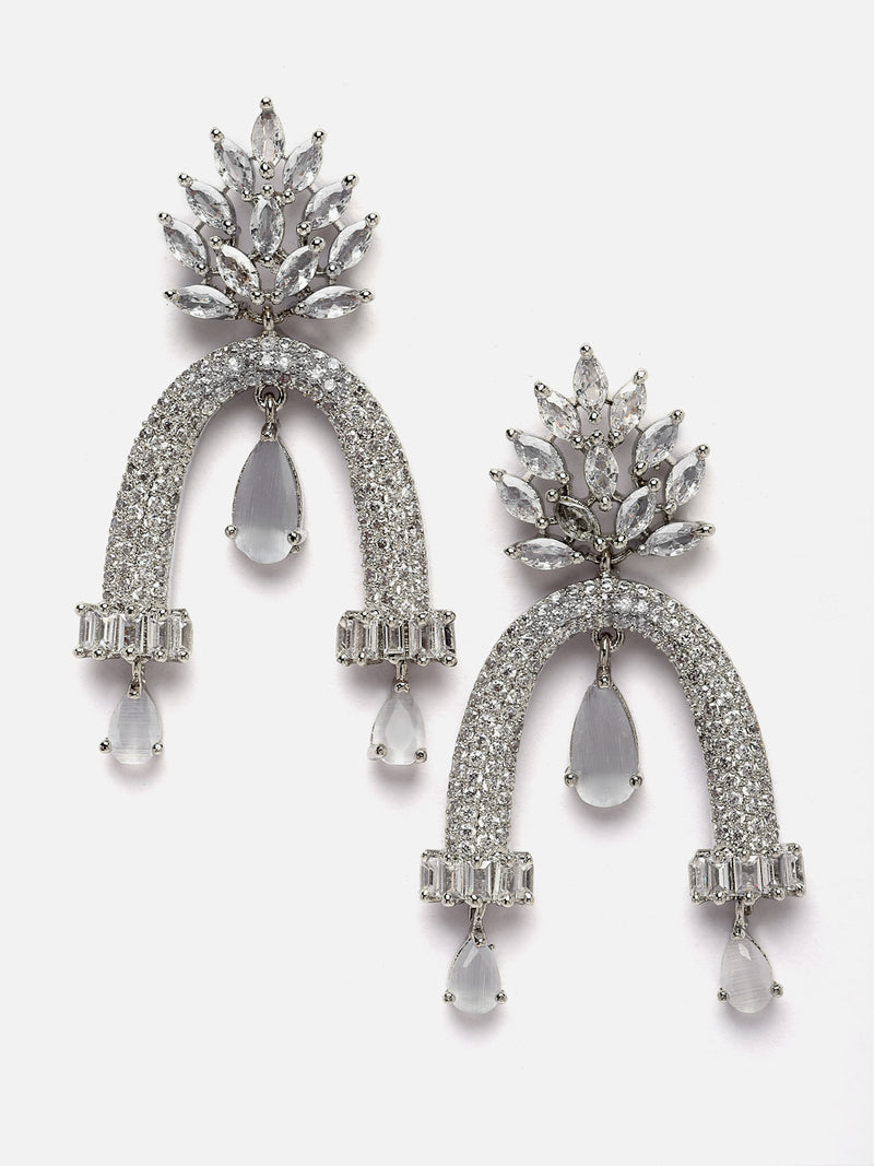 Rhodium-Plated Grey American Diamond studded Quirky Handcrafted Drop Earrings
