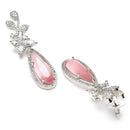 Rhodium Plated Leaf Pink AD Studded Contemporary Long Drop Earrings