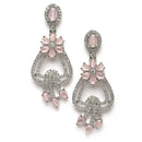 Rhodium-Plated Pink & White American Diamond studded Floral Shaped Drop Earrings