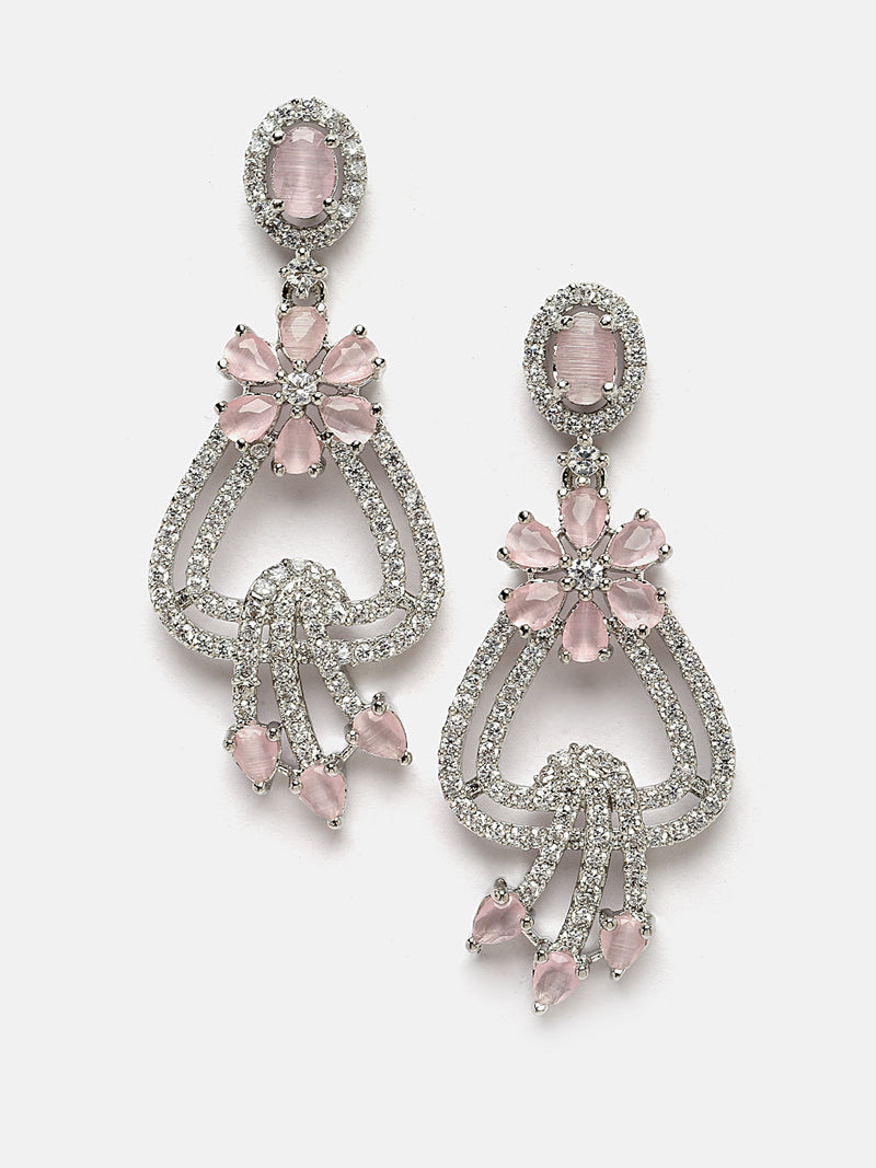 Rhodium-Plated Pink & White American Diamond studded Floral Shaped Drop Earrings