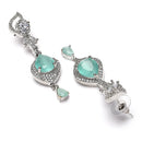 Rhodium Plated Teardrop Sea Green American Diamond Contemporary Long Drop Earrings