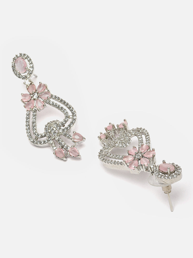 Rhodium-Plated Pink & White American Diamond studded Floral Shaped Drop Earrings