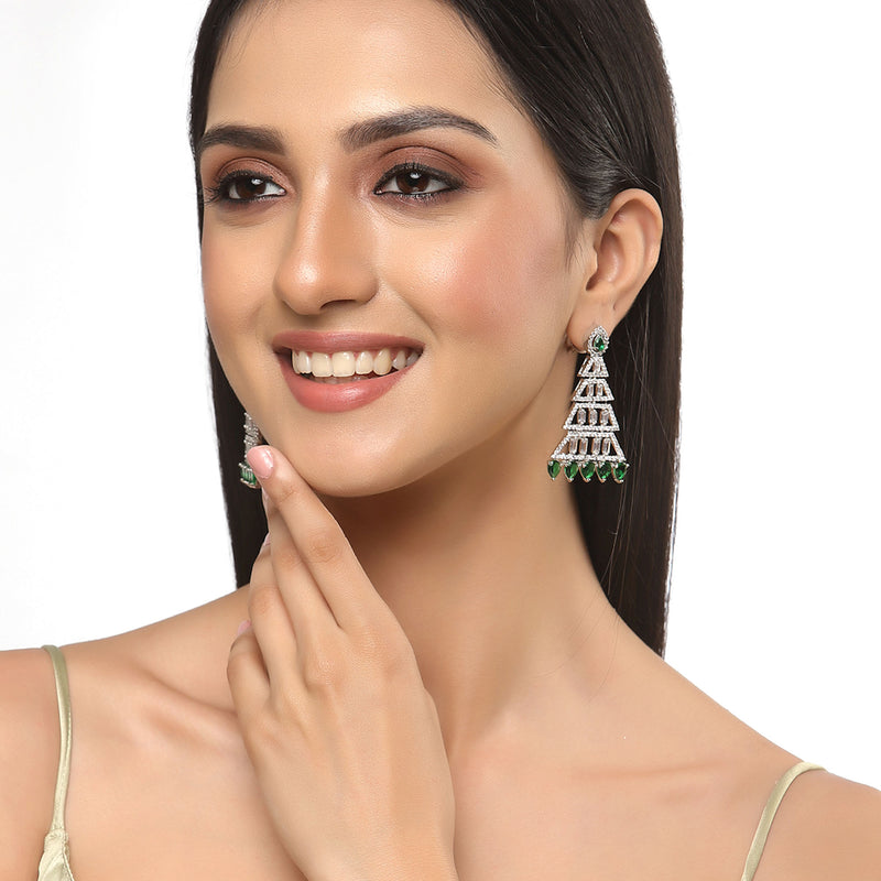 Rhodium-Plated Silver Toned Green & White American Diamond studded Triangular Shaped Drop Earrings