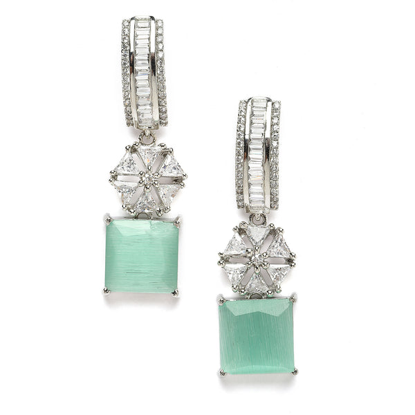 Rhodium-Plated Sea Green American Diamond studded Square & Floral Shaped Drop Earrings