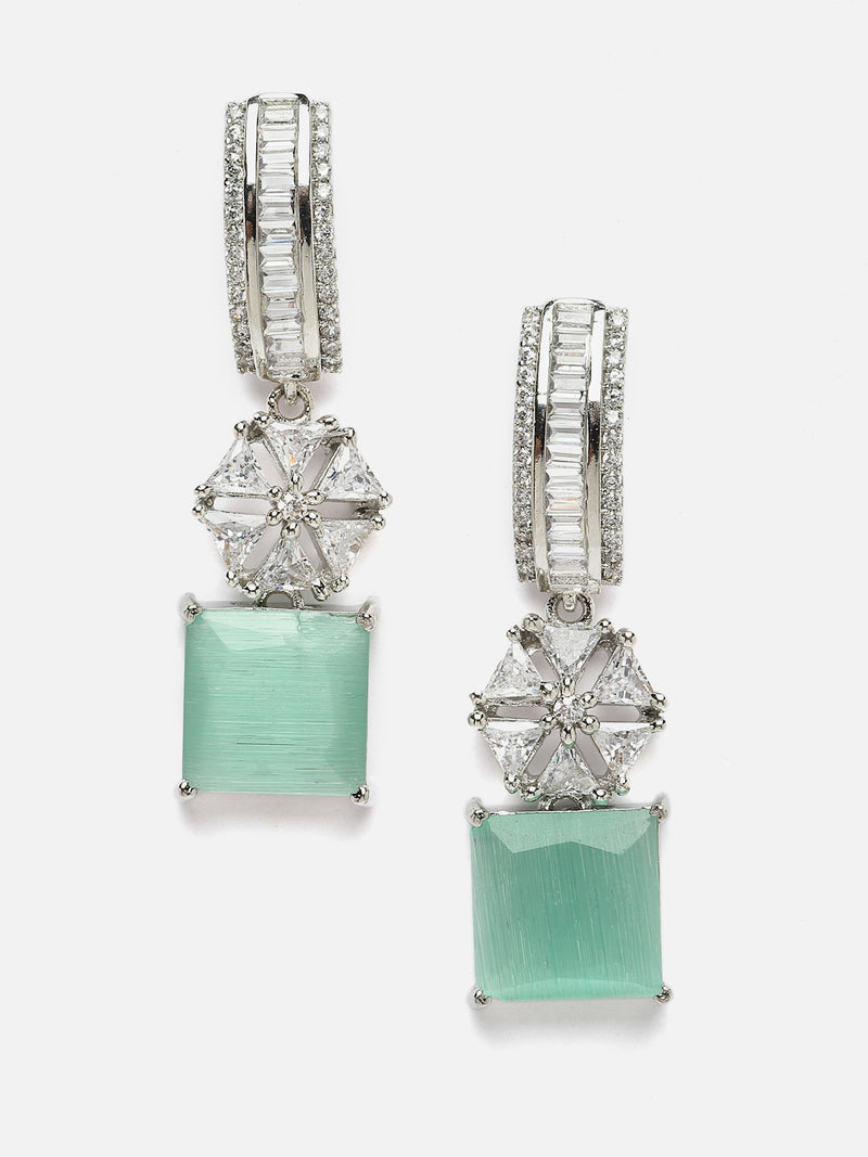 Rhodium-Plated Sea Green American Diamond studded Square & Floral Shaped Drop Earrings
