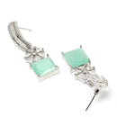 Rhodium Plated Square Sea Green American Diamond Contemporary Long Drop Earrings