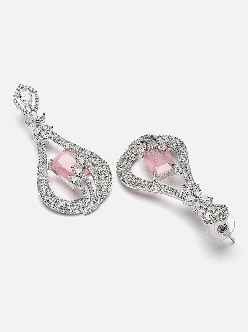 Rhodium-Plated Pink American Diamond studded Handcrafted Quirky Shaped Drop Earrings