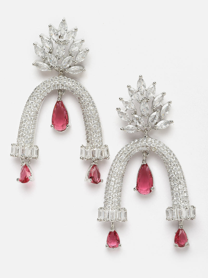 Rhodium-Plated Red American Diamond studded Quirky Handcrafted Drop Earrings