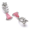 Rhodium Plated Floral Vine Pink American Diamond Contemporary Long Drop Earrings