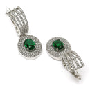 Rhodium Plated Oval Green AD Studded Contemporary Long Drop Earrings