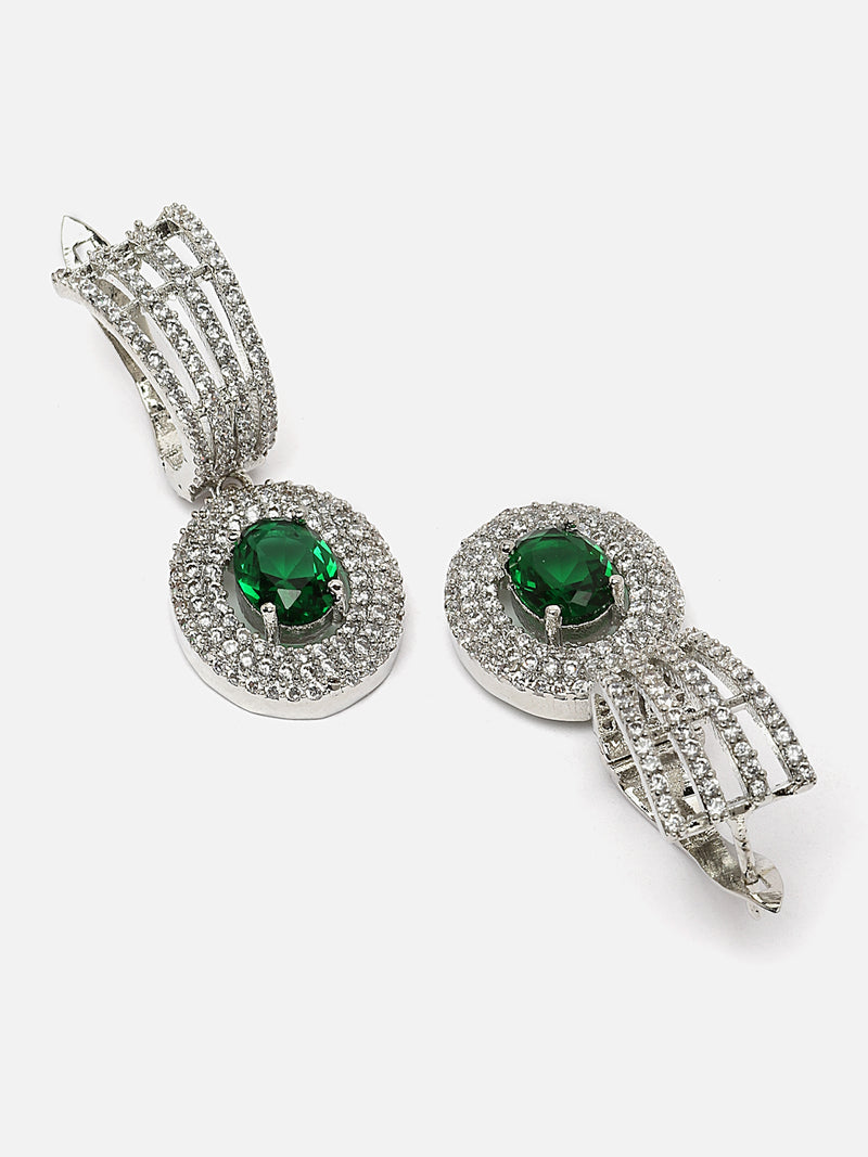 Rhodium-Plated Green American Diamond studded Handcrafted Oval Shaped Drop Earrings