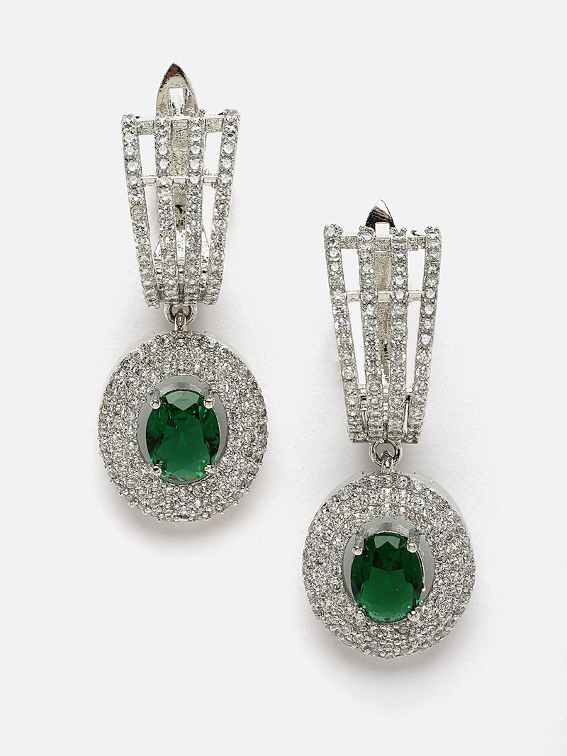 Rhodium-Plated Green American Diamond studded Handcrafted Oval Shaped Drop Earrings