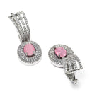Rhodium Plated Oval Pink AD Studded Contemporary Long Drop Earrings