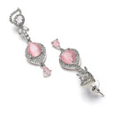 Rhodium Plated Teardrop Pink American Diamond Contemporary Long Drop Earrings