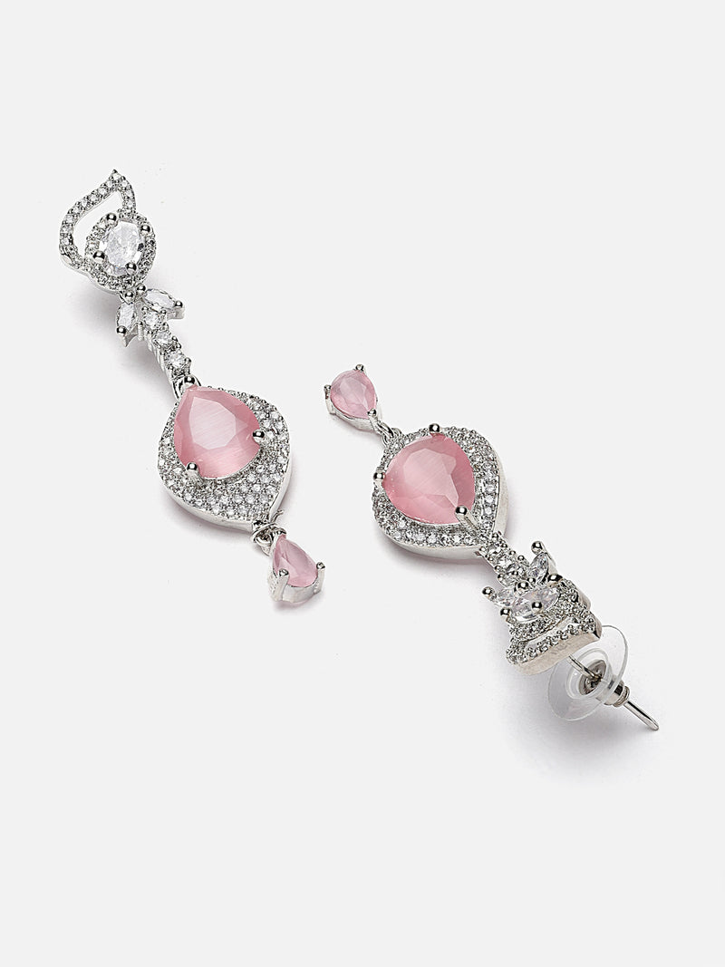 Rhodium-Plated Pink & White American Diamond studded Handcrafted Teardrop Drop Earrings