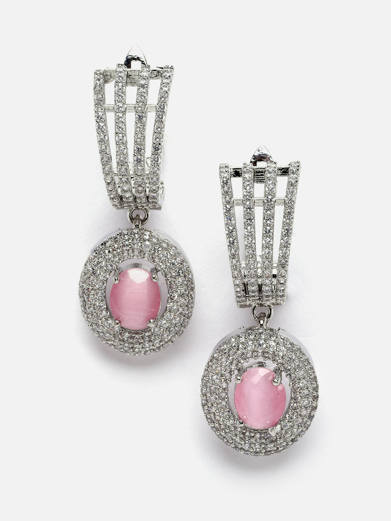 Rhodium-Plated Pink American Diamond studded Handcrafted Oval Shaped Drop Earrings