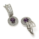 Rhodium Plated Oval Purple American Diamond Contemporary Long Drop Earrings