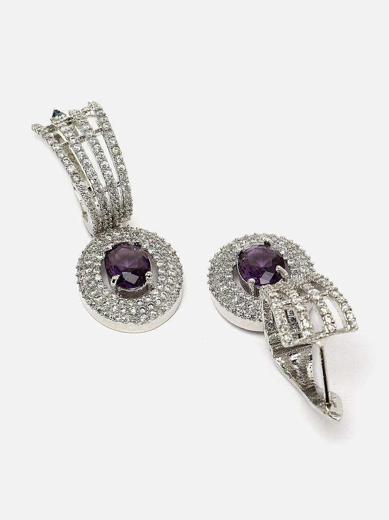Rhodium-Plated Purple American Diamond studded Handcrafted Oval Shaped Drop Earrings