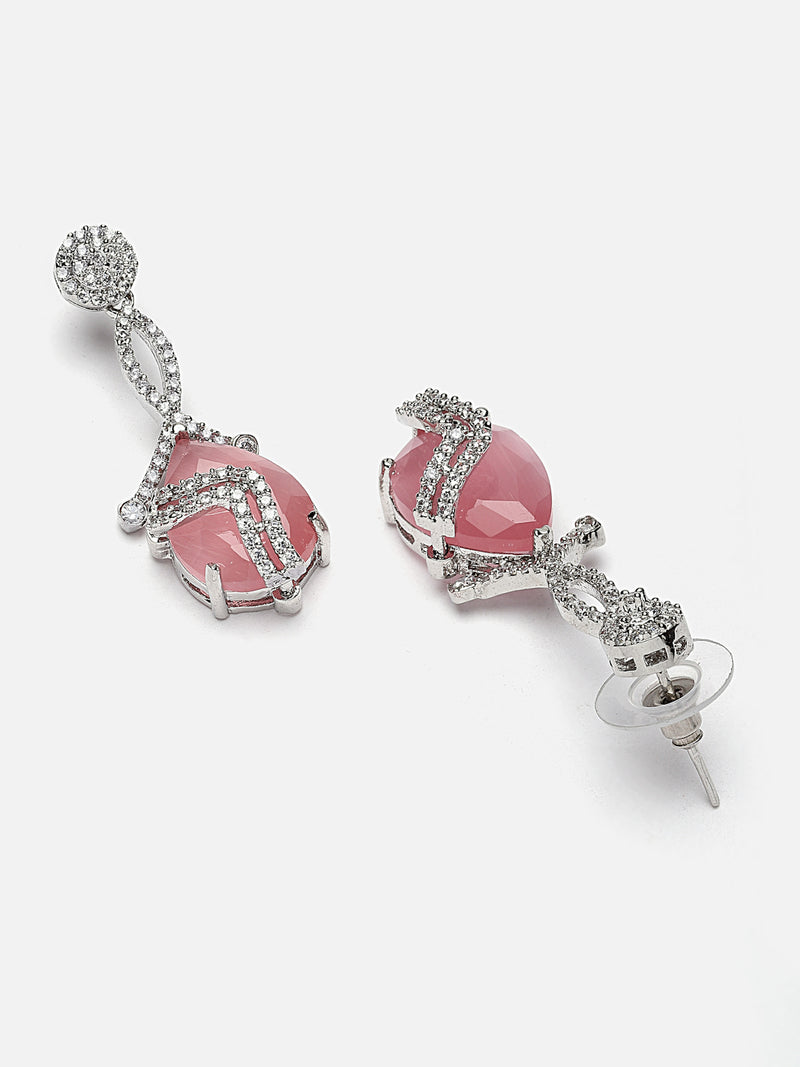 Rhodium-Plated Pink & White American Diamond studded Trardrop Shaped Drop Earrings