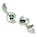 Rhodium Plated Leaf Green AD Studded Contemporary Long Drop Earrings
