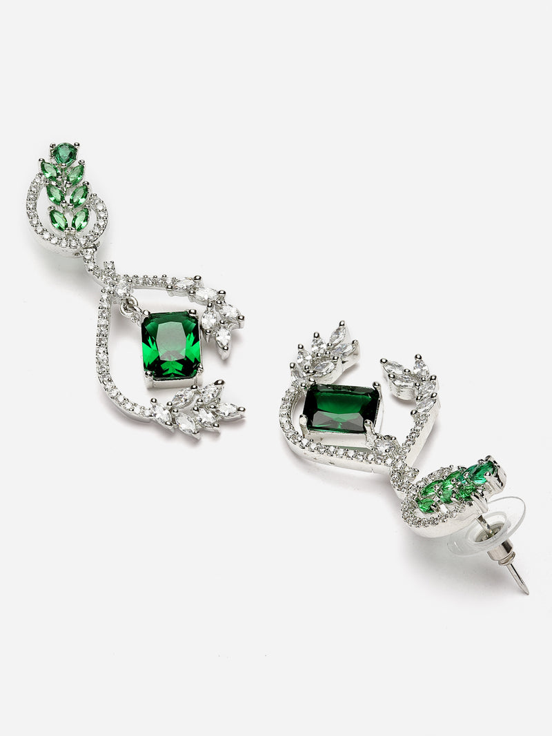 Rhodium-Plated Green American Diamond studded Square & Leaf Shaped Drop Earrings