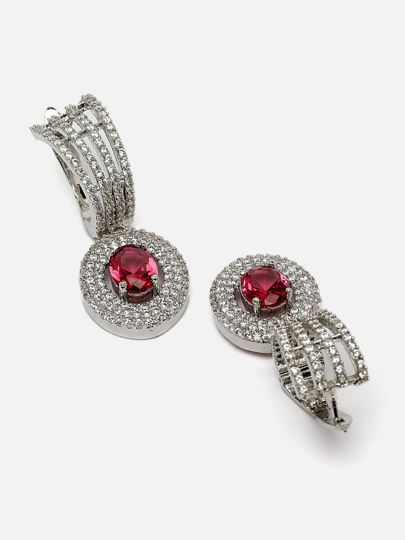 Rhodium-Plated Red American Diamond studded Handcrafted Oval Shaped Drop Earrings