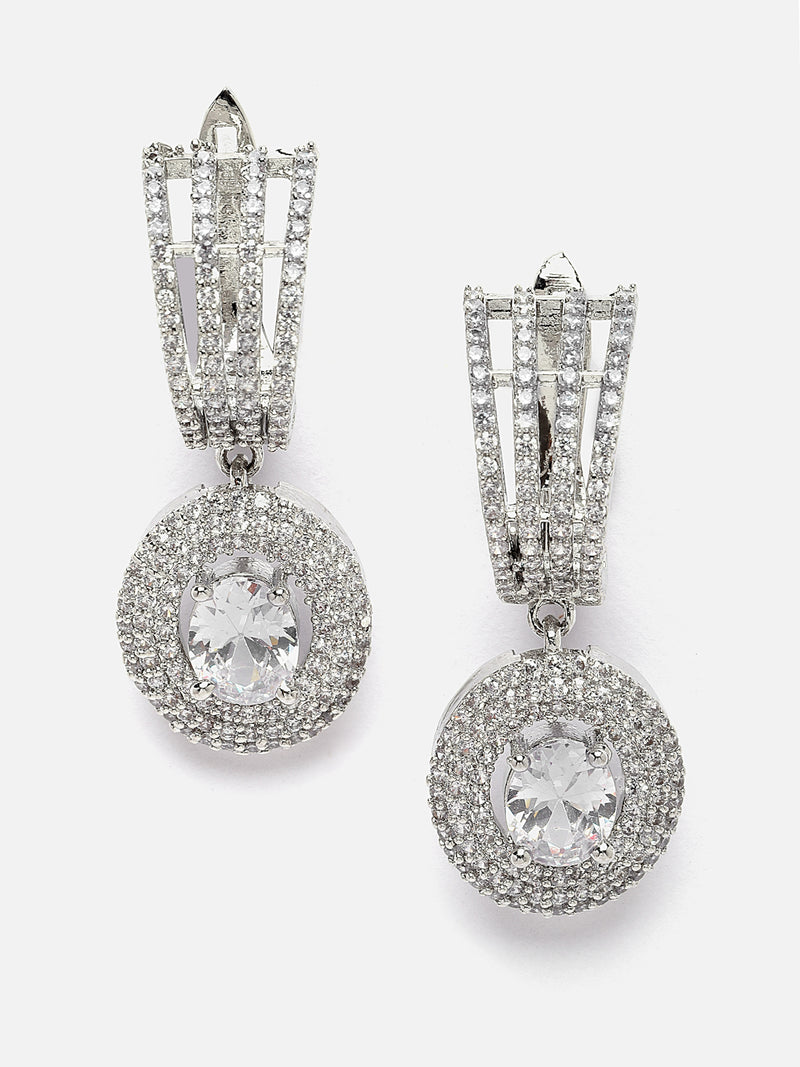 Rhodium-Plated White American Diamond studded Handcrafted Oval Shaped Drop Earrings