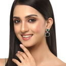 Rhodium-Plated Silver Toned Green & White American Diamond studded Square Shaped Drop Earrings
