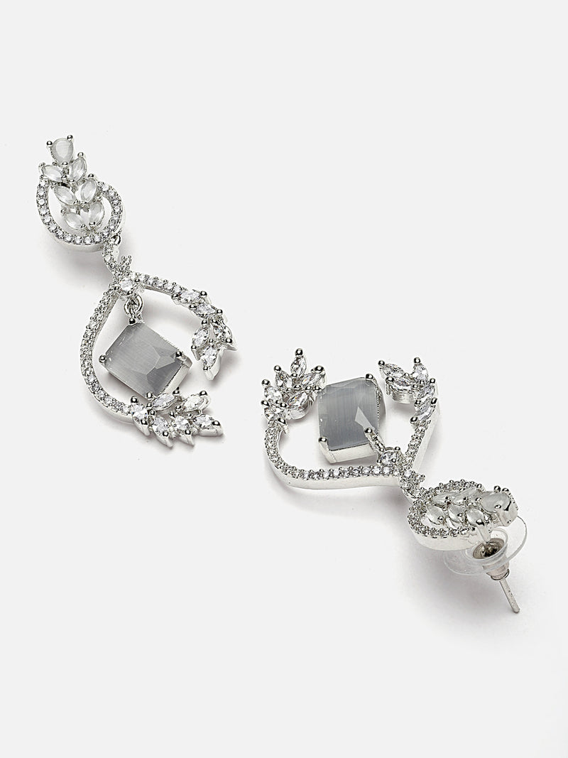 Rhodium-Plated Grey American Diamond studded Square & Leaf Shaped Drop Earrings