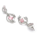 Rhodium Plated Leaf Pink AD Stone Contemporary Long Drop Earrings