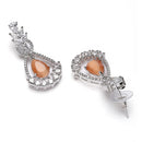Rhodium Plated Teardrop & Leaf Orange American Diamond Contemporary Long Drop Earrings