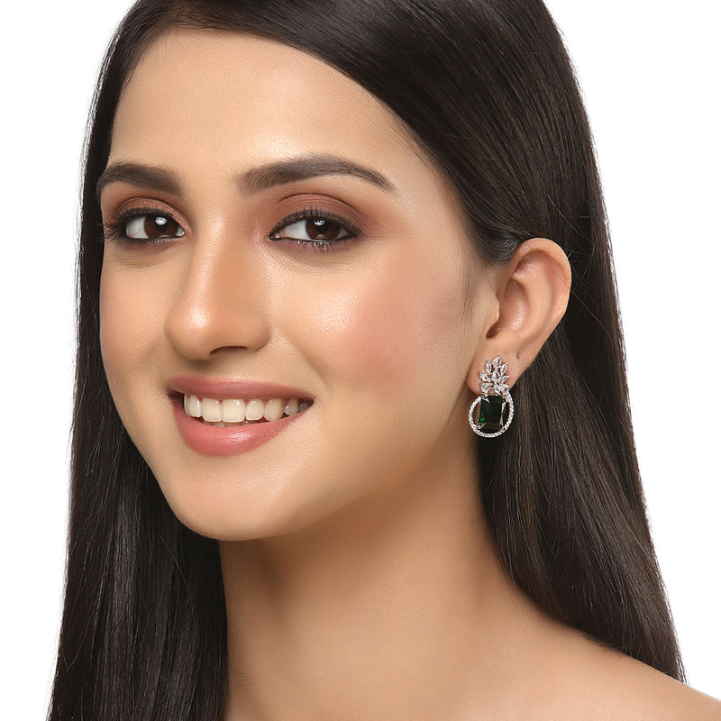 Rhodium-Plated Silver Toned American Diamond studded Paisley Shaped Studs Earrings