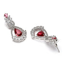 Rhodium Plated Teardrop & Leaf Red American Diamond Contemporary Long Drop Earrings