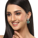 Rhodium-Plated Silver Toned Sea Green & White American Diamond studded Square Shaped Drop Earrings