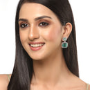Rhodium-Plated Silver Toned Sea Green & White American Diamond studded Square Shaped Drop Earrings