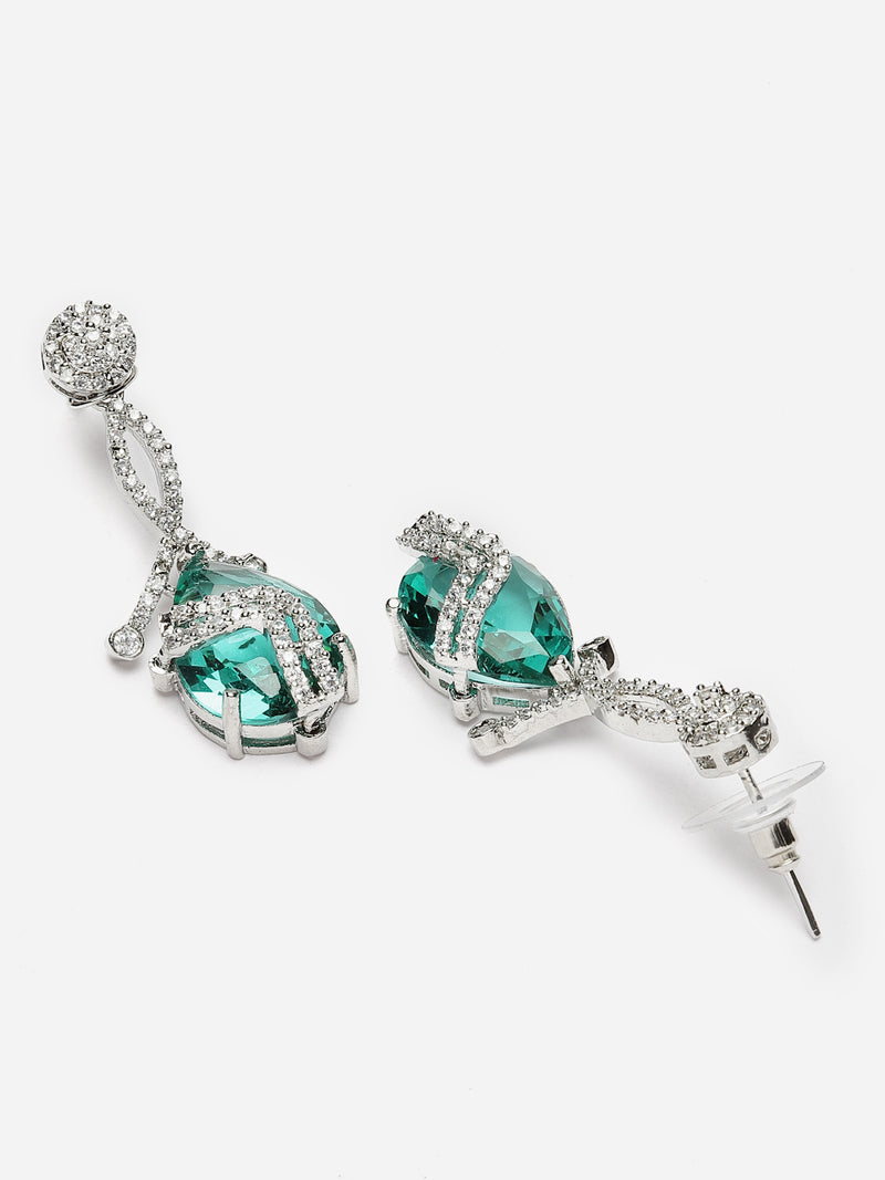 Rhodium-Plated Turquoise Blue & White American Diamond studded Trardrop Shaped Drop Earrings