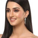 Rhodium-Plated Silver Toned Multi-Colour American Diamond studded Crescent Shaped Drop Earrings