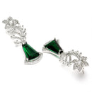 Rhodium Plated Floral Vine Green American Diamond Contemporary Long Drop Earrings