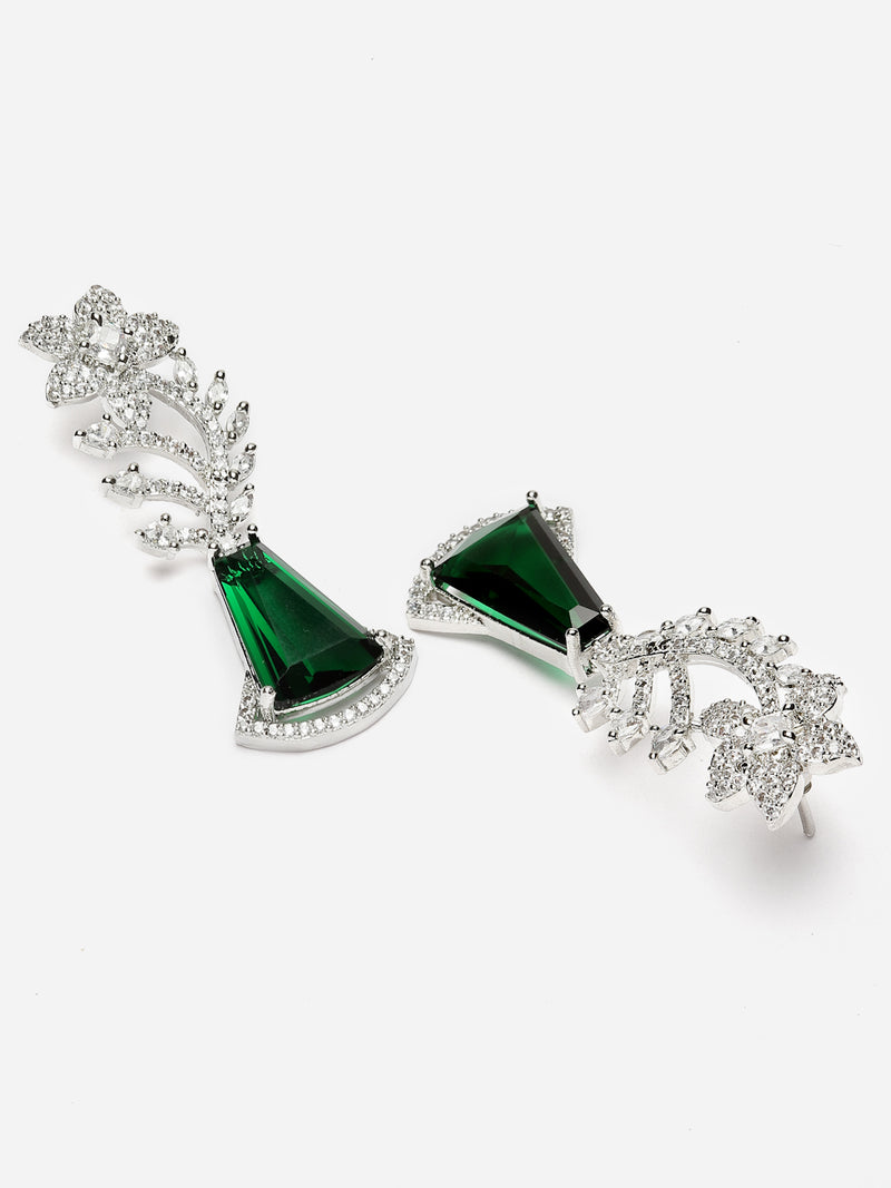 Rhodium-Plated Green & White American Diamond studded Floral Theme Drop Earrings