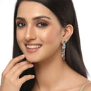 Rhodium-Plated Silver Toned Multi-Colour American Diamond studded Crescent Shaped Drop Earrings
