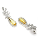 Rhodium Plated Leaf Yellow American Diamond Contemporary Long Drop Earrings