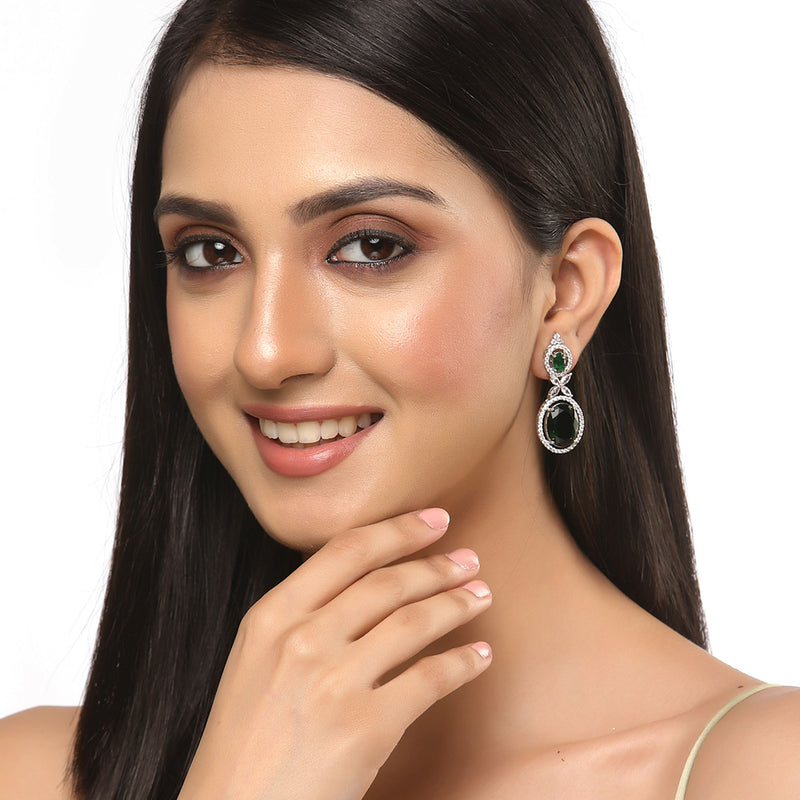 Rhodium-Plated Silver Toned Pink & White American Diamond studded Oval Shaped Drop Earrings