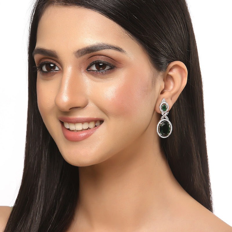 Rhodium-Plated Silver Toned Pink & White American Diamond studded Oval Shaped Drop Earrings