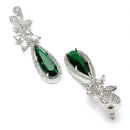 Rhodium Plated Leaf Green AD Stone Contemporary Long Drop Earrings