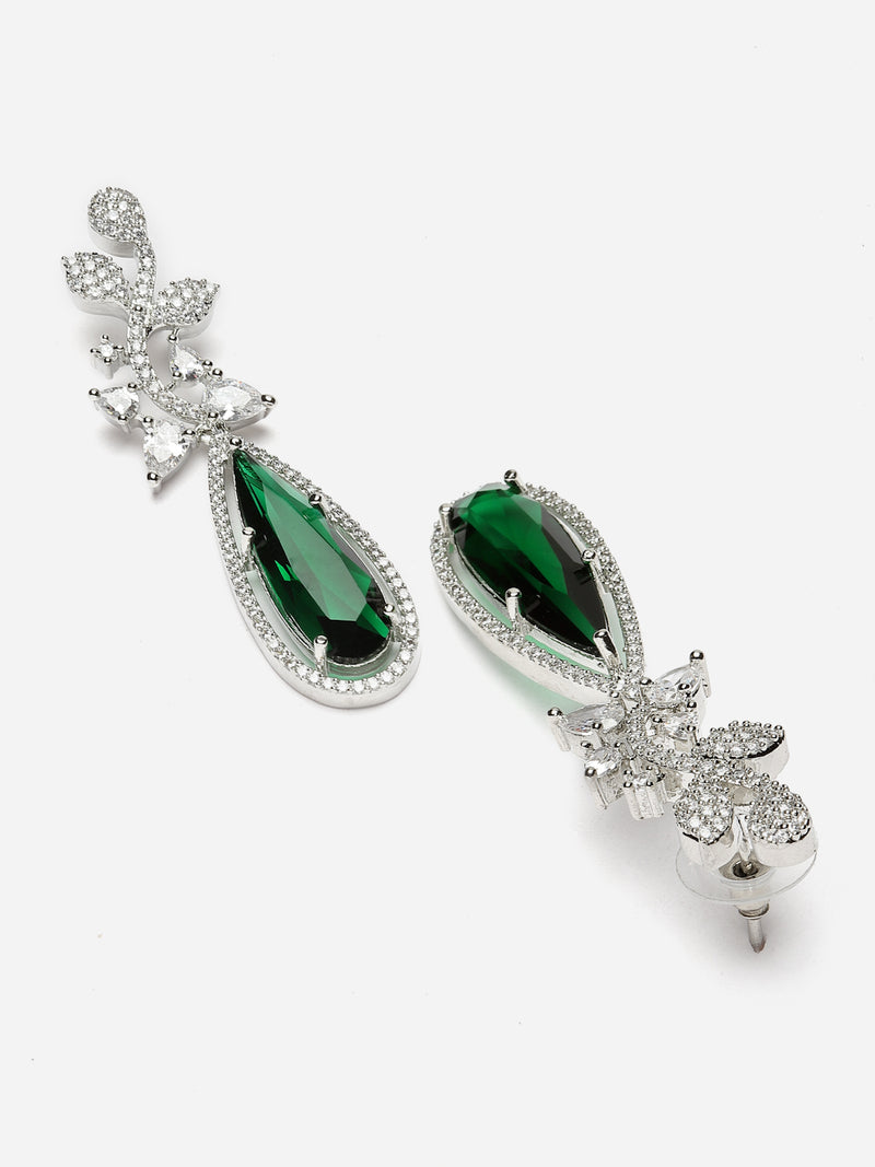 Rhodium-Plated Green American Diamond studded Teardrop & Leaf Shaped Drop Earrings