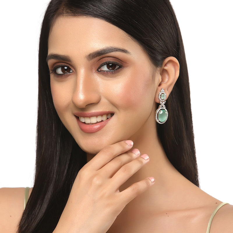 Rhodium-Plated Silver Toned Pink & White American Diamond studded Oval Shaped Drop Earrings