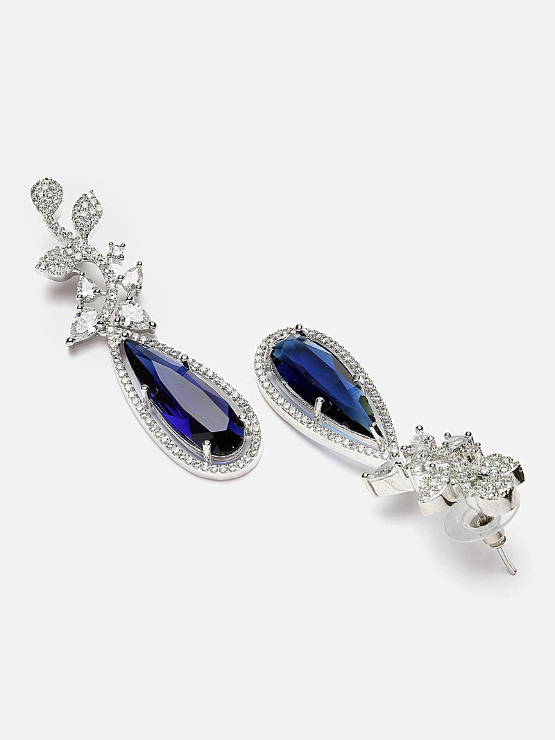 Rhodium-Plated Navy Blue American Diamond studded Teardrop & Leaf Shaped Drop Earrings