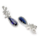 Rhodium Plated Leaf Blue AD Stone Contemporary Long Drop Earrings