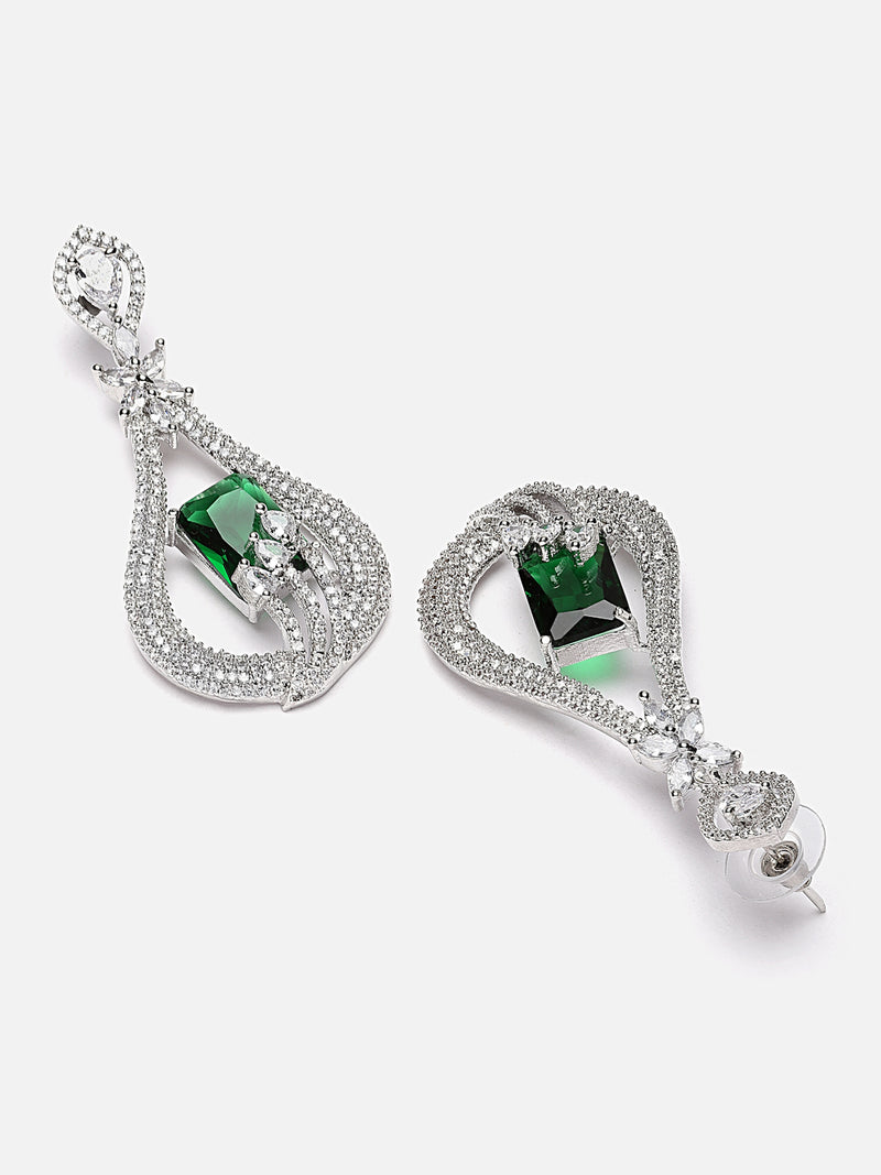 Rhodium-Plated Green American Diamond studded Handcrafted Quirky Shaped Drop Earrings