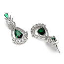 Rhodium Plated Teardrop & Leaf Green American Diamond Contemporary Long Drop Earrings